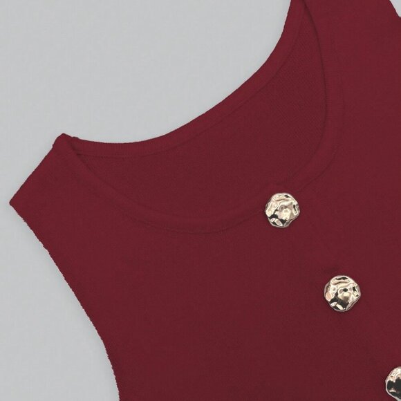 Burgundy Casual Women's Metal Button Open Front Sleeveless Jacket - Picture 7 of 8